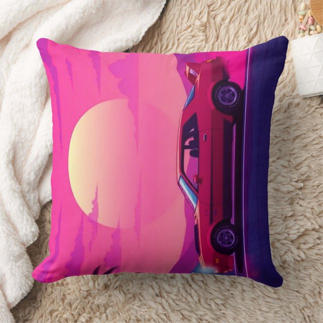Retro 80s Synthwave Sunset Car Throw Pillow Kudde (Filt)