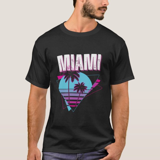 Retro 89's Stil sunset and Handflatan Träd Miami T Shirt (Framsida)