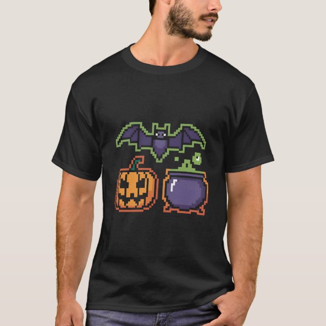 Retro 8-bitars Halloween T-Shirt | Pixel Art Pumpk (Framsida)