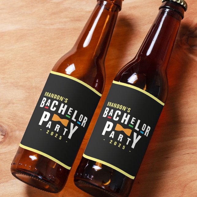Retro 90-tal Färgglad slips Siltparty Svart Ölflaska Etikett (Retro 90s Colorful Bowtie Bachelor Party Black Beer Bottle Label
)