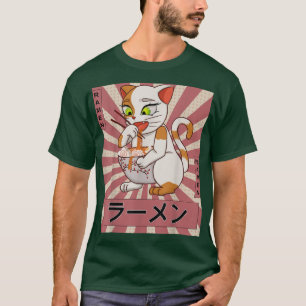 Retro 90-tal japanska Kawaii Anime Cat Eating Rame T Shirt