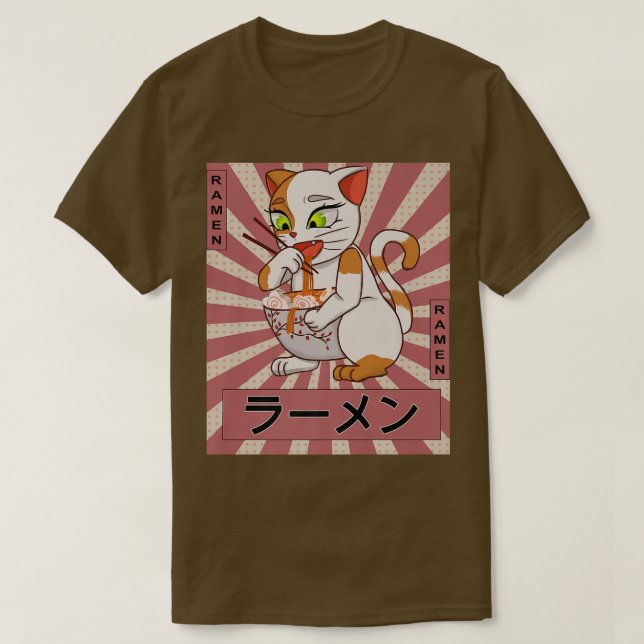 Retro 90-tal japanska Kawaii Anime Cat Eating Rame T Shirt (Design framsida)