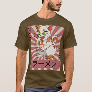 Retro 90-tal japanska Kawaii Anime Cat Eating Rame T Shirt