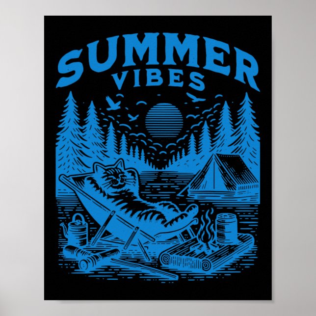 Retro 90-tal Sommar Vibes Cat Camping Funny Cat Me Poster (Framsidan)