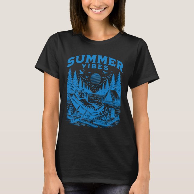 Retro 90-tal Sommar Vibes Cat Camping Funny Cat Me T Shirt (Framsida)