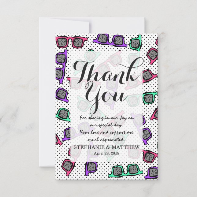 Retro 90-talets solglasögon skisserade i Rosa Lila Tack Kort (Framsida)