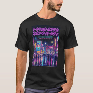 Retro 90s City Pop Night: Neon Tokyo & Osaka Rain T Shirt