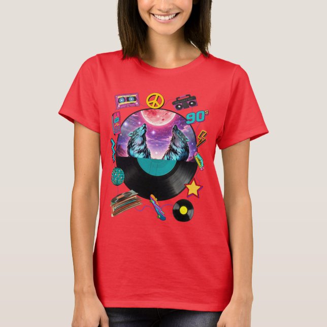 Retro 90s Midnight Wolf & Boombox Circular Collage T Shirt (Framsida)
