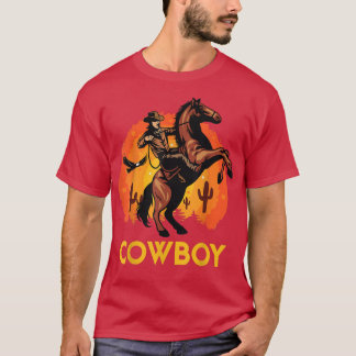 Retro A Man Ride A Horse Sunrise Background Cowboy T Shirt