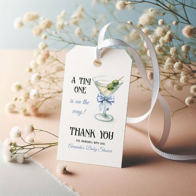 Retro A Tini One Martini Blue Bow Boy Baby Shower Presentetikett (Skapare uppladdad)