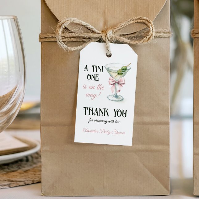 Retro A Tini One Martini Pink Bow Girl Baby Shower Presentetikett (Skapare uppladdad)