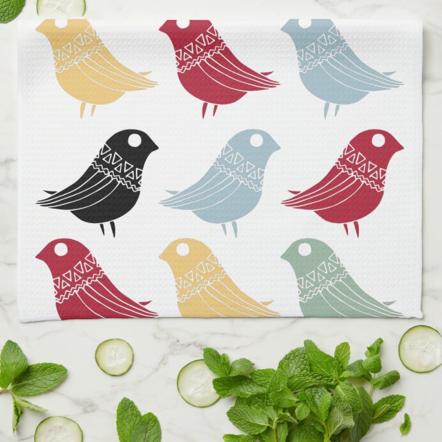 Retro Abstrakt Birds Modern i mitten av århundrade Kökshandduk (Vikta)