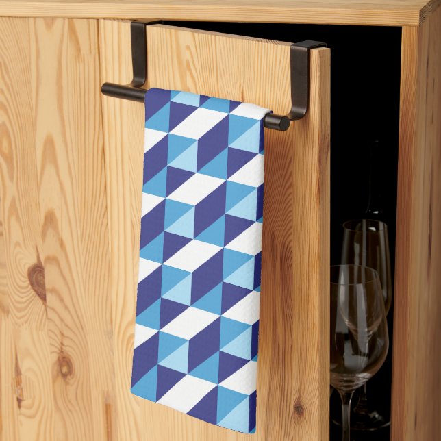 Retro Abstrakt Blåa Nyanser Geometriskt Mönster Kökshandduk (Thirds Fold)