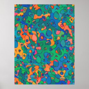 Retro Abstrakt Blue Grönt Doodle Line Art Poster