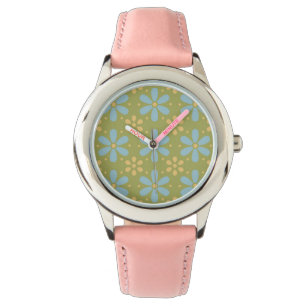 Retro Abstrakt Blue och Gula blommor på Grönt Armbandsur
