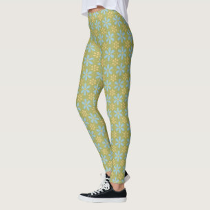 Retro Abstrakt Blue och Gula blommor på Grönt Leggings