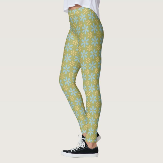 Retro Abstrakt Blue och Gula blommor på Grönt Leggings (Vänster)
