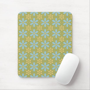 Retro Abstrakt Blue och Gula blommor på Grönt Musmatta