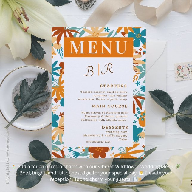 Retro Abstrakt Bright Bold Wildblomma Bröllop Meny (Elevate your reception with vibrant nostalgia! 🌿💍)