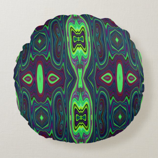 Retro Abstrakt Chartreuse, Red and Blue Mönster Rund Kudde (Framsidan)