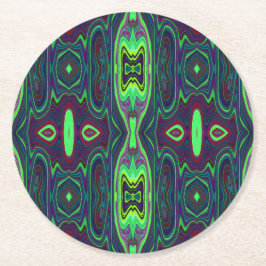 Retro Abstrakt Chartreuse, Red and Blue Mönster Underlägg Papper Rund