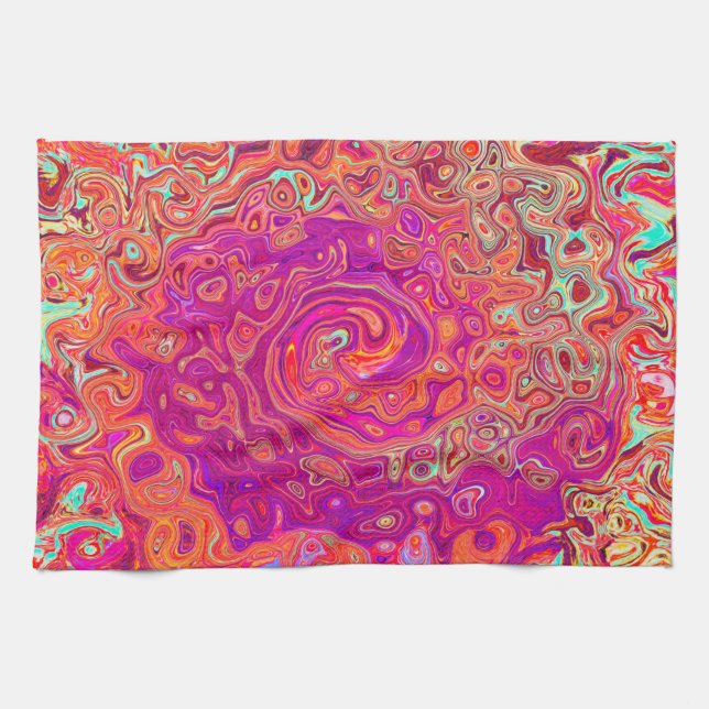 Retro Abstrakt Coral och Lila Marble Swirl Kökshandduk (Horisontell)