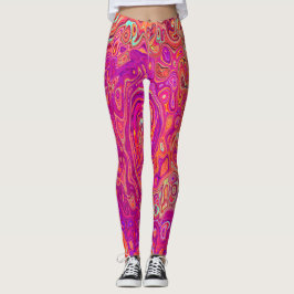Retro Abstrakt Coral och Lila Marble Swirl Leggings