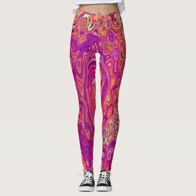 Retro Abstrakt Coral och Lila Marble Swirl Leggings (Framsida)