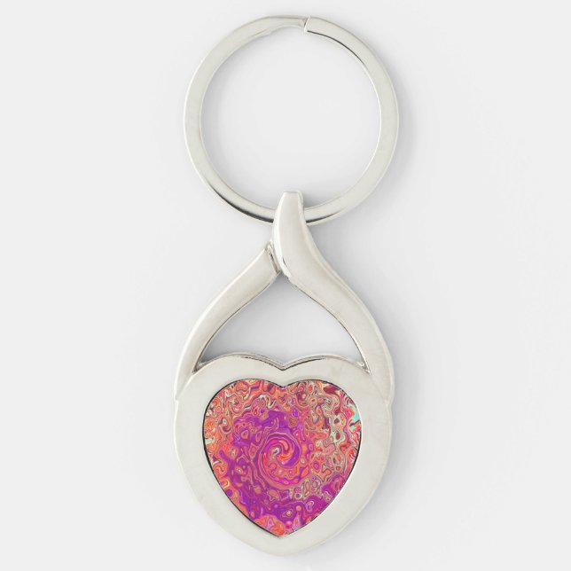 Retro Abstrakt Coral och Lila Marble Swirl Twisted Heart Silverfärgad Nyckelring (Framsidan)