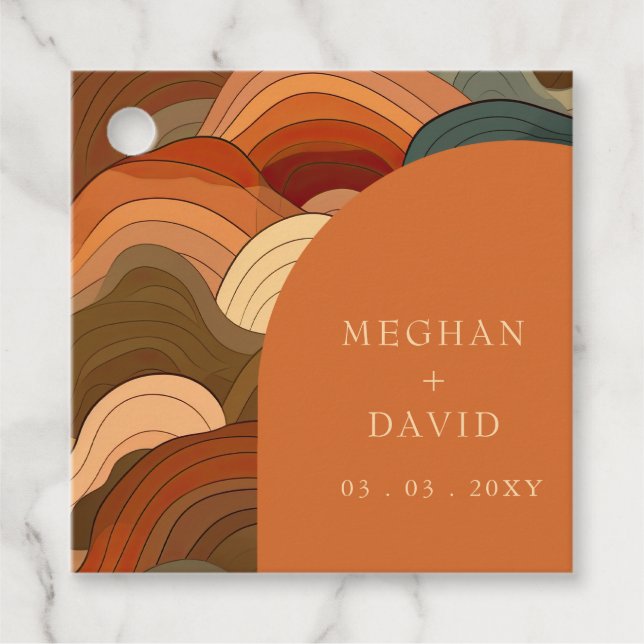Retro Abstrakt Earthy Terracotta Orange Bröllop Gåvor Etiketter (Framsida)