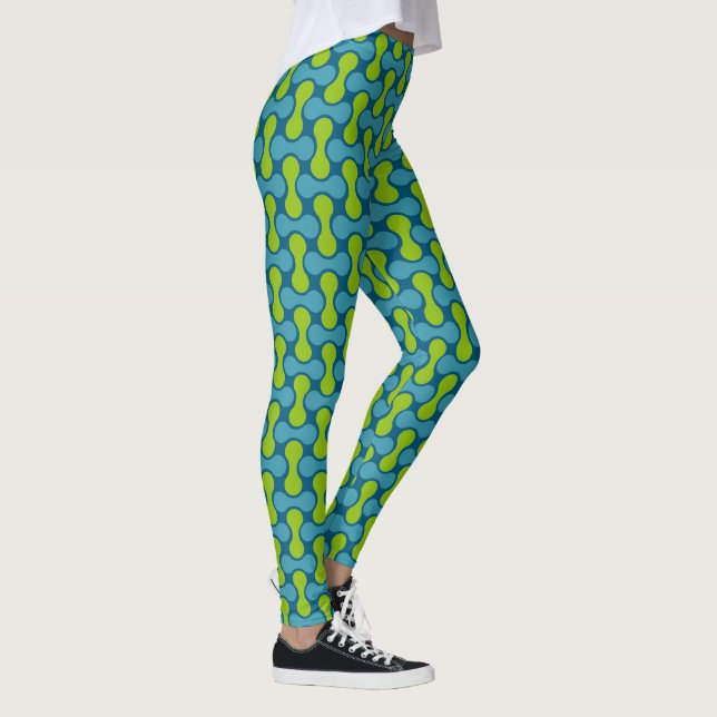 Retro Abstrakt Geometric Mönster i blått och Grönt Leggings (Höger)
