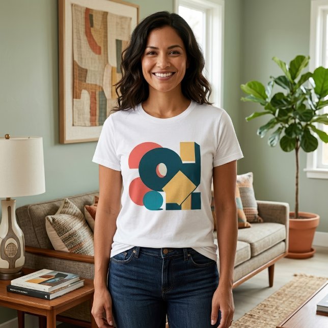 Retro Abstrakt Geometrisk Risograf Konst Design T Shirt (Retro Abstract Geometric Risograph Art Design. Women Basic White T-Shirt)