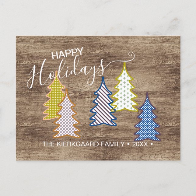 Retro Abstrakt Julgran på Trästruktur Mönster Vykort (Framsida)