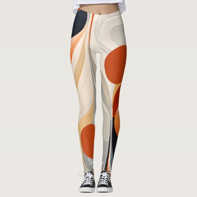 Retro Abstrakt Orange & Cream Mönster Leggings (Framsida)