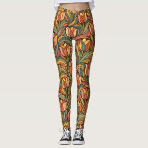 Retro Abstrakt Orange Tulpan Blommig Yogastil Leggings