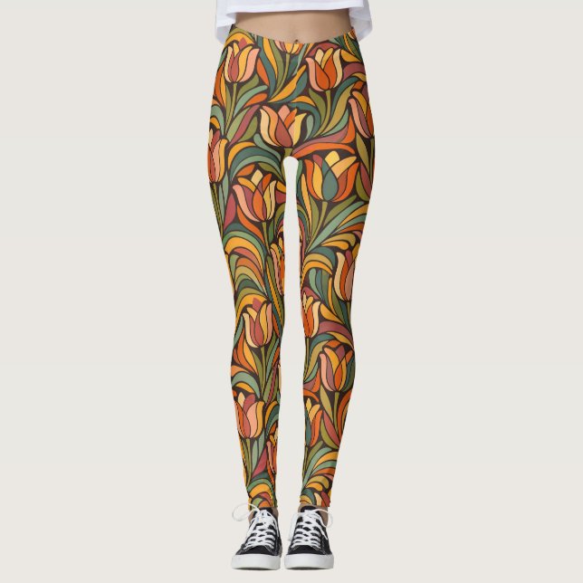 Retro Abstrakt Orange Tulpan Blommig Yogastil Leggings (Framsida)