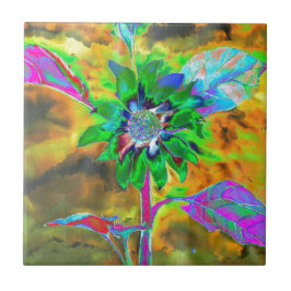 Retro abstrakt solrosmålning grönt guld kakelplatta