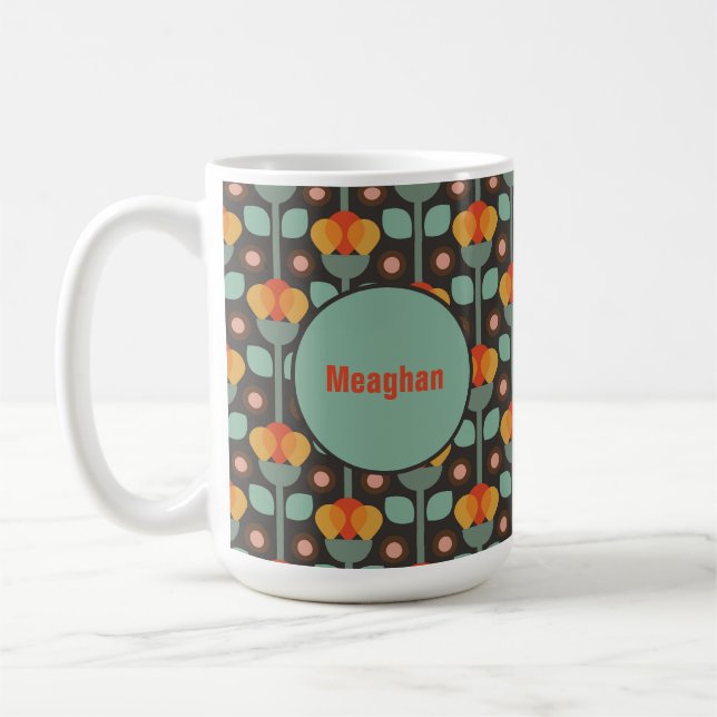 Retro Abstrakt Teal Guld Red Blommigt Kaffemugg (Vänster)