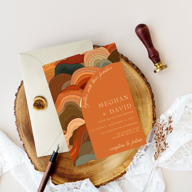 Retro Abstrakt Vågar Terracotta Orange Bröllop Inbjudningar (Retro Abstract Waves Terracotta Orange Wedding Invitation)