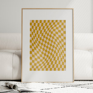 Retro Abstrakt Vågigt Gulten Checkerboard Mustard Poster