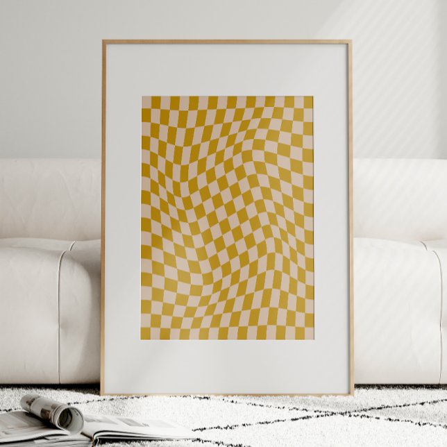Retro Abstrakt Vågigt Gulten Checkerboard Mustard  Poster (Skapare uppladdad)