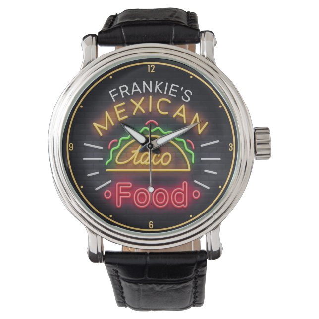 Retro ADD NAMN Faux Neon Mexican Food Taco Middag Armbandsur (Framsida)