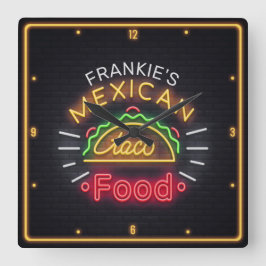Retro ADD NAMN Faux Neon Mexican Food Taco Middag Fyrkantig Klocka