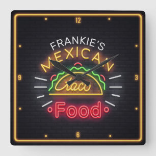 Retro ADD NAMN Faux Neon Mexican Food Taco Middag Fyrkantig Klocka