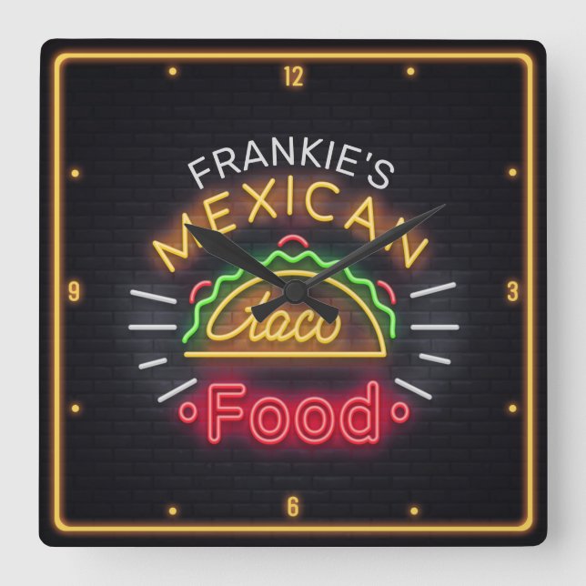 Retro ADD NAMN Faux Neon Mexican Food Taco Middag Fyrkantig Klocka (Framsida)