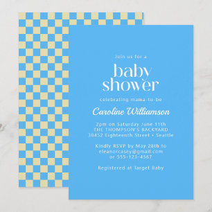 Retro Aesthetic Checkerboard Blue Baby Shower Inbjudningar