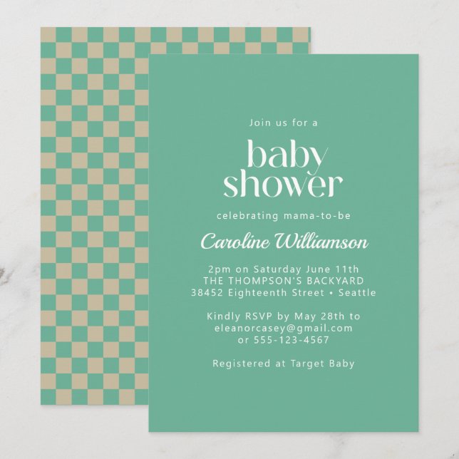 Retro Aesthetic Checkerboard Mint Baby Shower Inbjudningar (Fram/baksida)