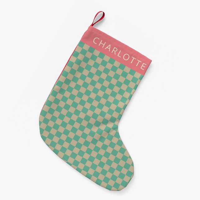 Retro Aesthetic Checkerboard Mint Personlig Liten Julstrumpa (Framsidan (Hängande))