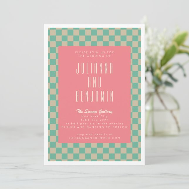 Retro Aesthetic Checkerboard Mint Rosa Bröllop Inbjudningar (Stående Fram)