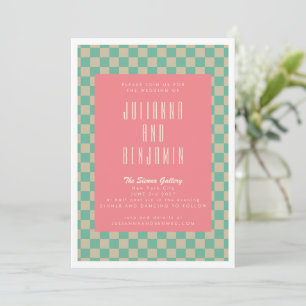 Retro Aesthetic Checkerboard Mint Rosa Bröllop Inbjudningar
